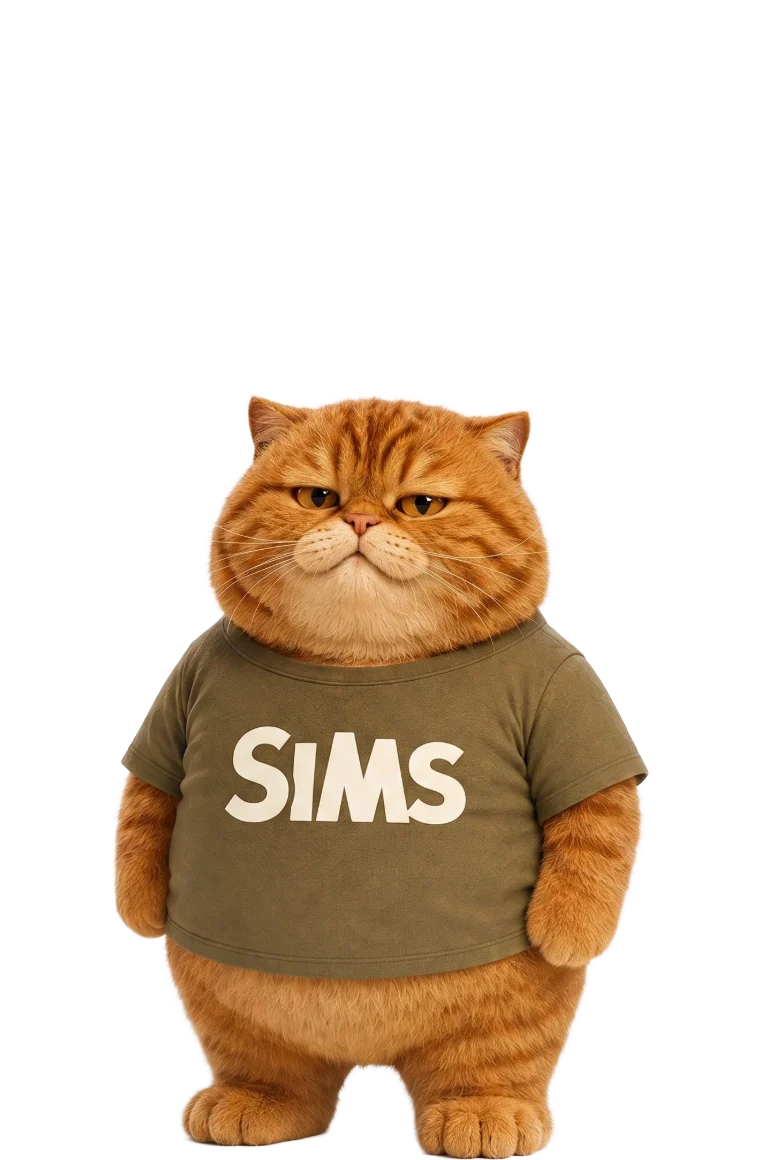 Tiger — the agency's lazy genius, in a SIMS t-shirt